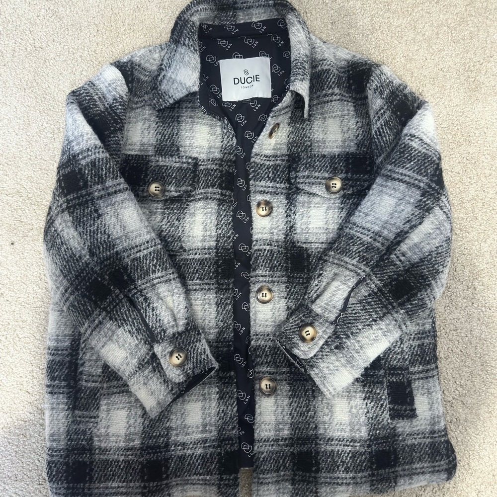 Ducie London Plaid Shacket M/L Black White Wool Blend Coat
